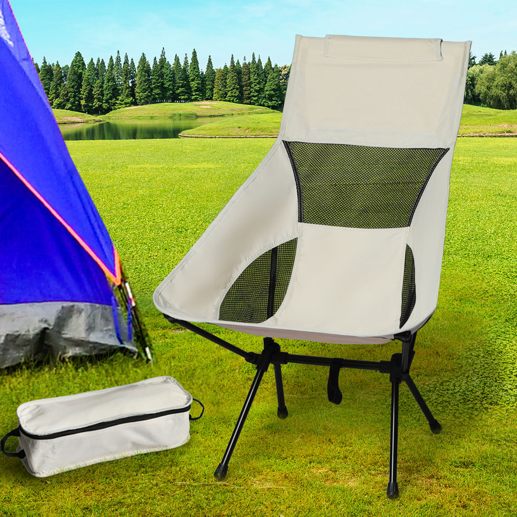 Levede Camping Chair Folding Outdoor Large Beige - Image 8