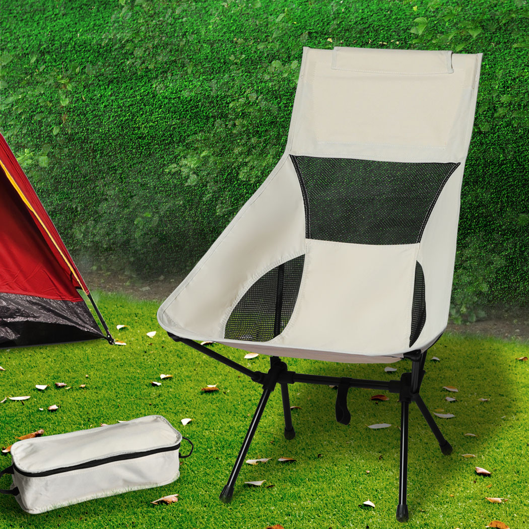 Levede Camping Chair Folding Outdoor Large Beige - Image 7